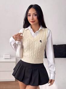 SHEIN PETITE 女款時尚街頭騎士刺繡麻花針織背心外套 - 杏色 - 查看 3