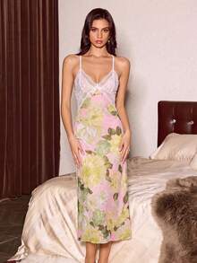 Slumberist Women's Lace Patchwork Cami Dress And Long Sleeve Cardigan Casual Loungewear Pajama Set - Pink - View 5