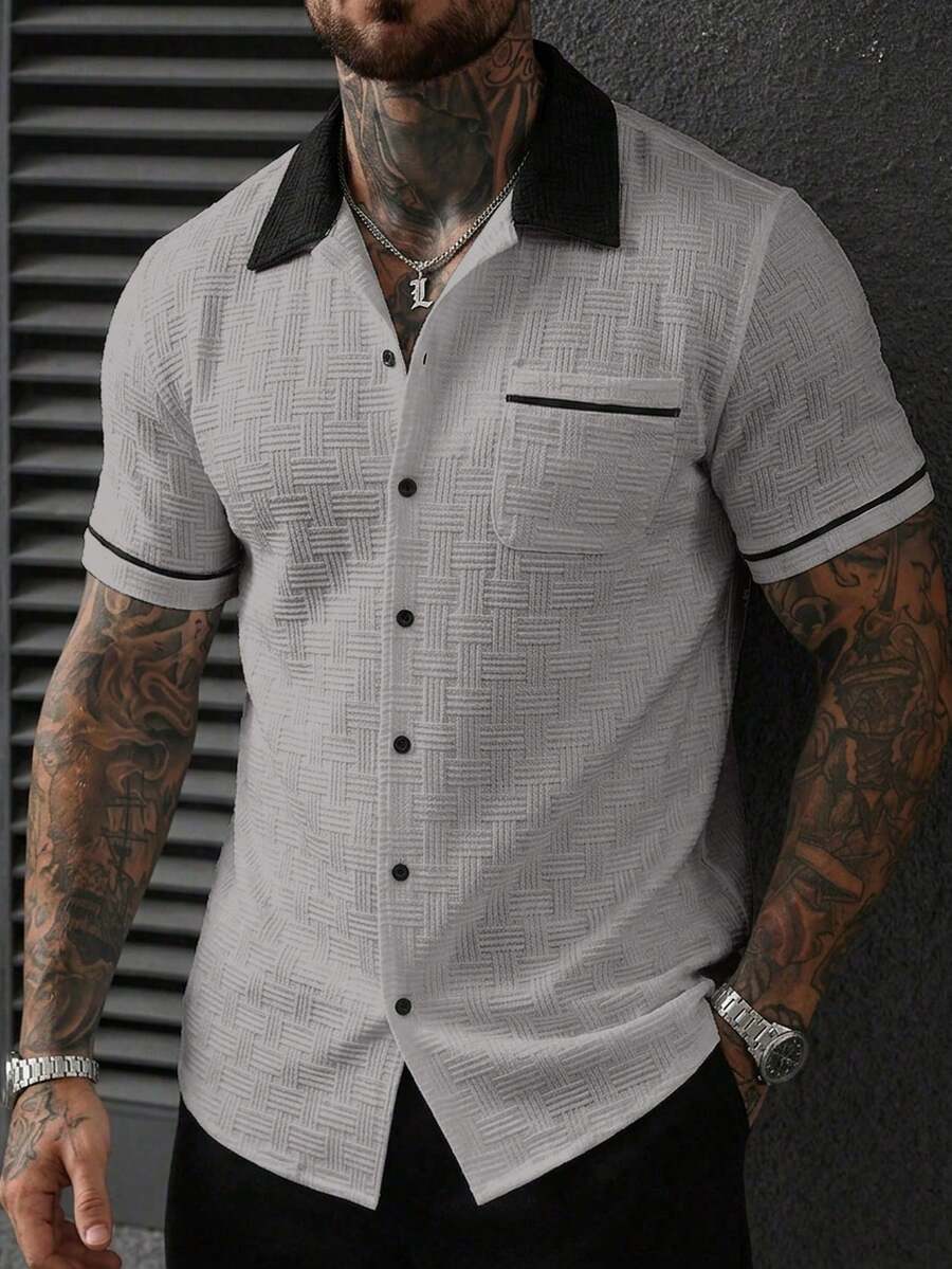 SLATEMANN Men's Casual Pocket Single-Breasted Short Sleeve Contrast Color Shirt - Grey - View 1