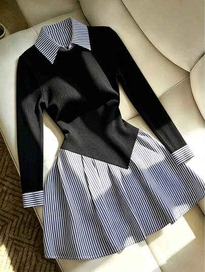 Franclia Gaun Wanita 2-in-1, Elegan Gaya Preppy Klasik Garis-garis Biru Putih dengan Kain Tenun Kontras Hitam, Lengan Panjang Vintage dengan Kerah Kemeja Prancis, Musim Gugur