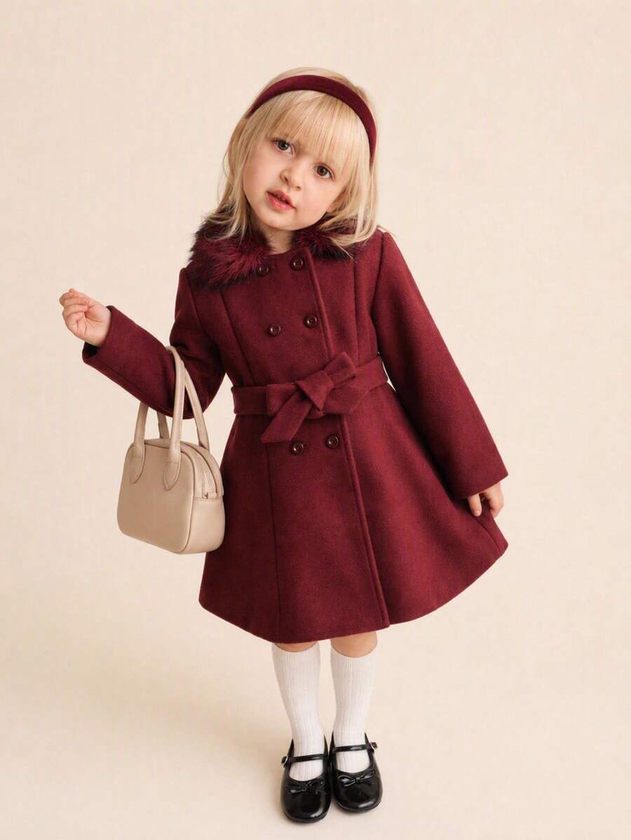 SHEIN Girls' Long Coat With High-End Fashion Fur Collar And Belt Design, Burgundy, Autumn/Winter - Burgundy - View 1