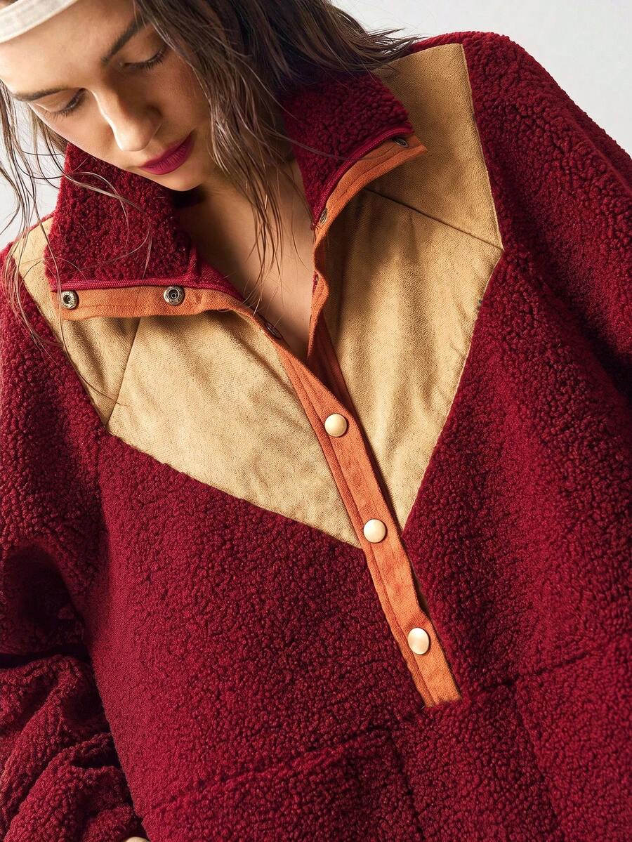 Bohemela Sweatshirt Wanita Kasual Warna Polos dengan Potongan Longgar - Merah - View 1