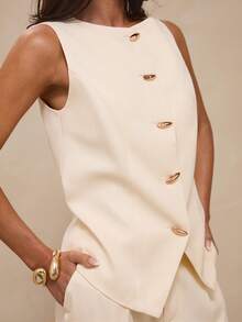 Glamine Beige Sleeveless Vest Gold Button High Waist Wide Leg Pants Two Piece Set Old Money Quiet Luxury Elegant Office Work Business Commute Fall Formal Chic - Apricot - View 4