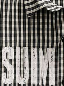 SUMWON Gingham Check Long Sleeve Oversized Shirt With Distressed Large Text Front Print Point Collar Button-Down Closure Casual Everyday Style - Apricot - View 3