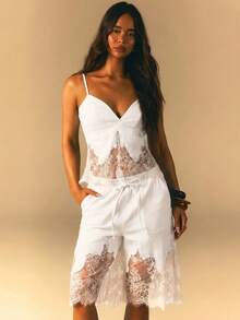 Athîral Denim Women's Fashion Versatile Lace Patchwork Drawstring Waist Pocket Denim Shorts - White - View 4