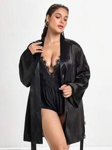 Slumbrini Plus Size Women's Eyelash Lace Patchwork Satin Robe & Nightgown 3-Piece Set - Black - View 8
