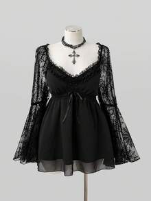 Sunspun Halloween Plus Size Chiffon V-Neck Cinched Waist Flared Sleeve Spider Web Blouse Dark Style - Black - View 7