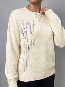 Miaspire 女款休閒浪漫花卉刺繡針織衫，秋冬早午餐米色 - 米色 - 查看 5