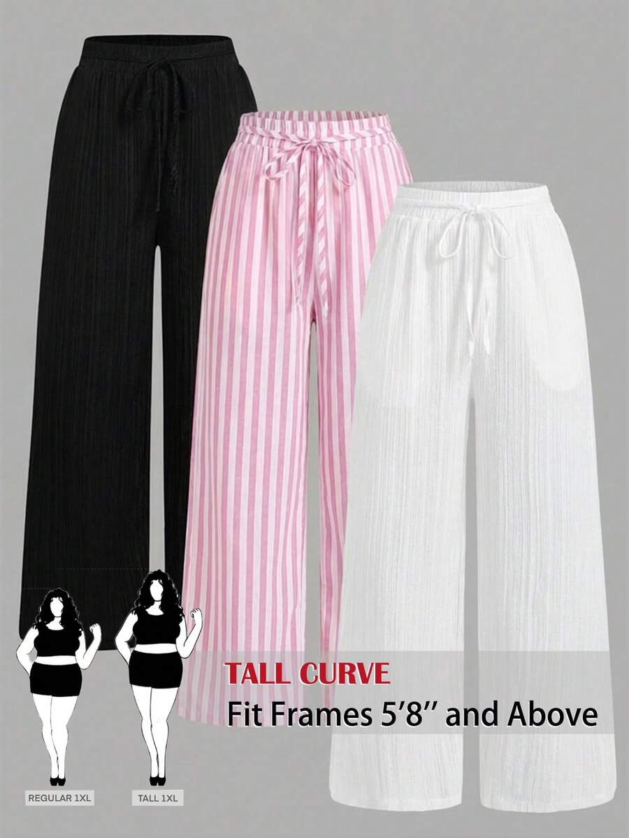 SHEIN Tall CURVE 大尺碼女款抽繩腰休閒百搭日常穿著長褲 3 件套 - 彩色 - 查看 1