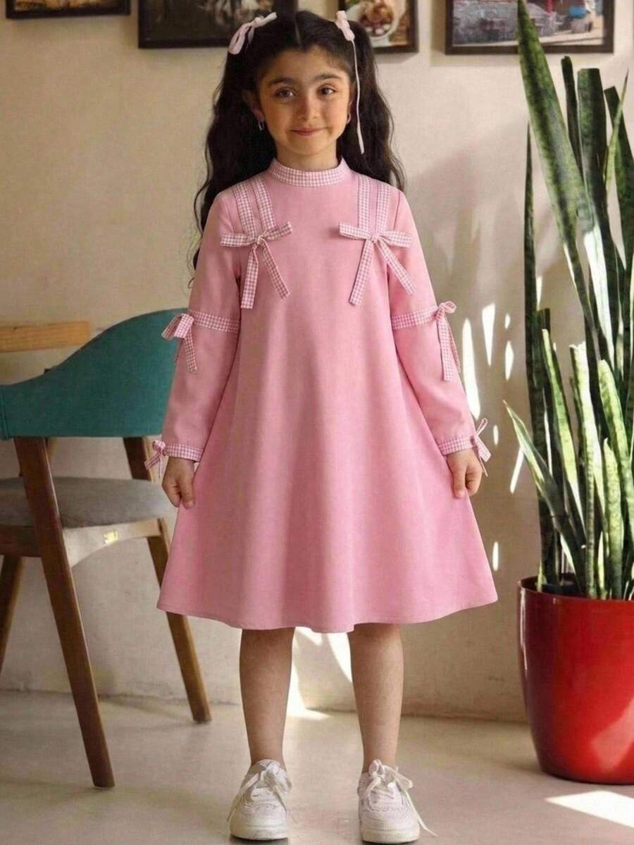 青少年女孩立領長袖喇叭袖拼色蝴蝶結開學洋裝 - 粉色 - 查看 1