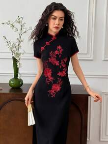 EMERY ROSE Abito elegante estivo taglie forti con ricamo floreale per invitata a matrimonio, sposa, palestra, serata, tè nero e uso quotidiano - nero - Visualizzare 7