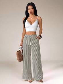 SHEIN PETITE 女款條紋口袋寬腿寬鬆休閒長褲 - 黑與白 - 查看 5