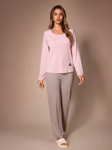 Lazeform Women's Casual Ribbed Colorblock Patchwork Raglan Sleeve Patch Decor Long Sleeve Long Pants Loungewear Set - Multicolor - View 1