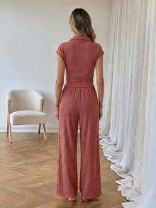 SHEIN LUNE 休閒女款 Polo 領短袖上衣與長褲 2 件套，度假風，鐵鏽色/灰塵色，夏季 - 紅木色 - 查看 2