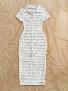 Soleia New Casual Vacation Lapel Short Sleeve Colorblock Striped Dress - Beige - View 5