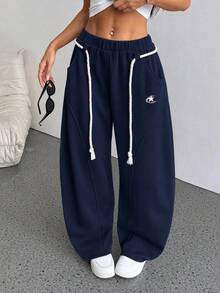 SHEIN PETITE Women's Elastic Waist Star Print Wide Leg Curved Hem Pants - Navy Blue - View 6