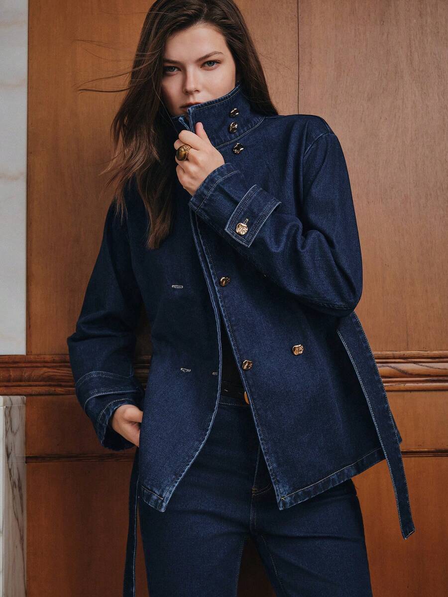Anewsta Autumn Fashion Belted Denim Jacket