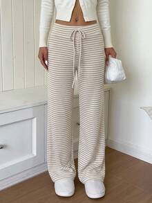 CovetEZ Women Striped Knit Lounge Pants Comfortable Drawstring Wide Leg Trousers For Casual Wear - Khaki - View 6