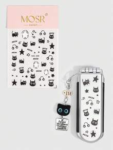 ROMWE 1件套可爱黑猫折叠梳子和镜子套装，返校季安全气囊梳子，DIY便携式梳子镜，Y2K风格星形装饰小梳子 - 淺灰黑 - 查看 3