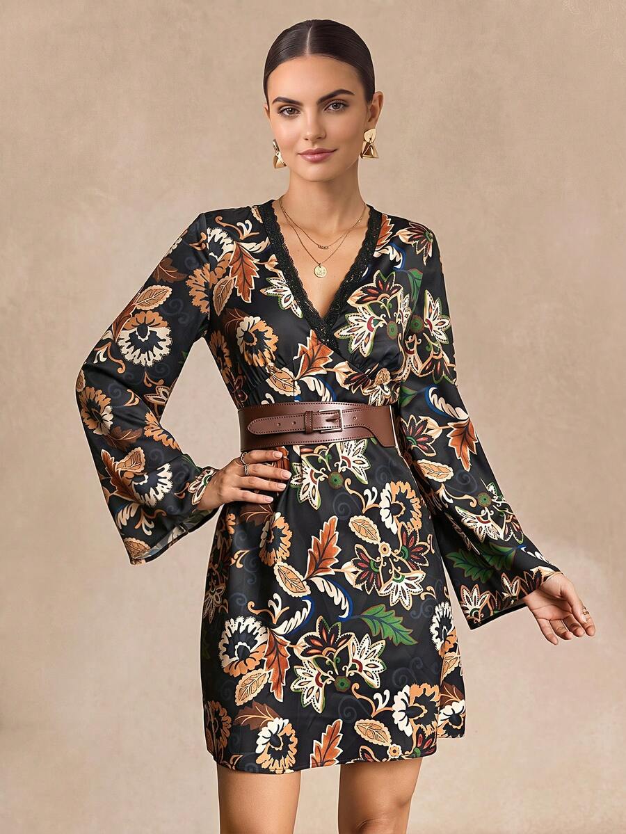 Almamuse Women's Digital Printed Lace Trim Decorative Dress Fall Cloth For Women - Black - View 1