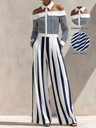 SHEIN مجموعة ملابس أنيقة بخطوط زرقاء وبيضاء، تصميم كتف مفتوح، أسلوب رسمي، وصول جديد للخريف