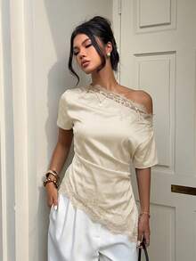 Aloruh Women's Commuter Asymmetric Shoulder Ruched Lace Patchwork Blouse - Apricot - View 5