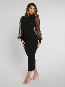 SHEIN SXY Prom Dress;Mock Neck Contrast Mesh Lantern Sleeve Split Hem Dress - Black - View 4