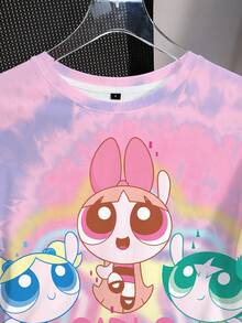 THE POWERPUFF GIRLS X SHEIN 女款字母卡通印花圓領短袖休閒T恤 - 白色 - 查看 7