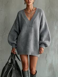 SHEIN Premium Dark Gray V-Neck Dropped Shoulder Knit Sweater - Grey - View 4