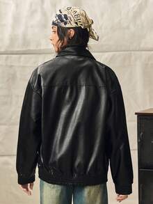 Loose Fit Men's Long Sleeve Flap Pocket PU Leather Zipper Front Rave Jacket, For Fall Winter - Black - View 3