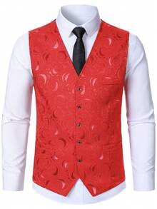 Calvornis Men's Jacquard Single-Breasted V-Neck Suit Vest - Red - View 3