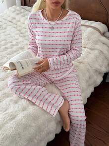 CottageSlumber Minimalist Casual Ribbed Texture Heart Print Long Sleeve Long Pants Loungewear Set - Pink - View 4
