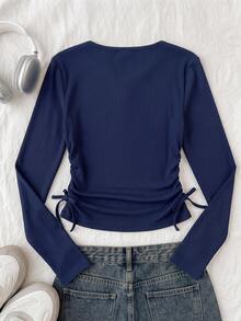 SHEIN Kaos Anak Perempuan Remaja Musim Gugur Lengan Panjang dengan Detail Kerut dan Ikatan di Depan, Pakaian Kasual Sehari-hari - Navy Blue - View 3
