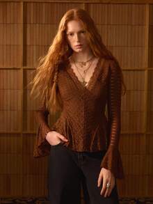 MOTF PREMIUM LACE PATCHWORK V-NECK BELL SLEEVE ROMANTIC WOMEN'S TOP - Coffee Brown - View 3