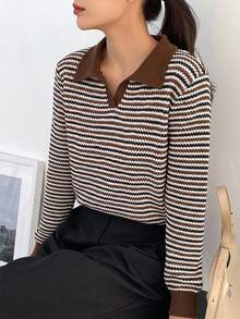 DAZY 秋冬棕色 Polo 衫 黑白拼色條紋 商務休閒 寬鬆街頭通勤長袖女款 T-shirt - 棕色 - 查看 5