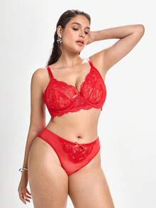Slumbrini 2pcs Plus Size Lace Patchwork Lingerie Set Red - Red - View 1