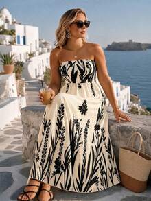 Ceyna Plus Size Women's Casual Curve Vacation Vintage Cold Shoulder Bandeau Woven Printed Dress Beach Wedding Guest Black And White Summer - Apricot - View 4
