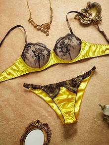 PinupPomp Women's Sexy Lace Patchwork Bra And Panty Lingerie Set - Yellow - View 3