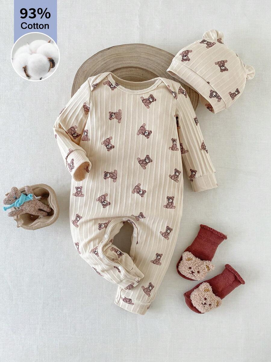 SHEIN 2pcs/Set 0-3 Years Baby Cute Asymmetrical Ribbed Print Bear Cotton Romper With Hat, Full Of Cuteness, Suitable For Outings And Multiple Occasions