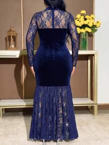 Feyla Plus Size Elegant Sexy Lace Patchwork Mermaid Dress - Navy Blue - View 2