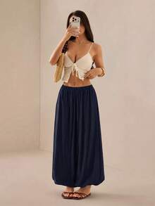 SHEIN PETITE 2026 女款春夏度假系列：優雅橄欖綠寬鬆喇叭褲 - 藏蓝色 - 查看 4
