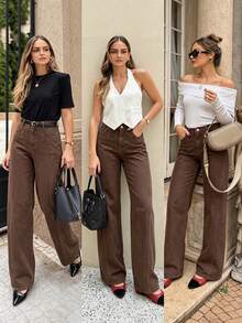 Anewsta Jeans Wanita Modis, Modern, Serbaguna, Warna Biru Tua untuk Semua Musim, Cocok untuk Perjalanan Hari Libur - Coklat - View 1