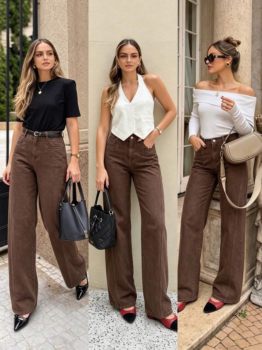 Anewsta Jeans Wanita Modis, Modern, Serbaguna, Warna Biru Tua untuk Semua Musim, Cocok untuk Perjalanan Hari Libur - Coklat - View 1