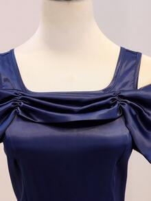 Teen Girl Solid Color Open Shoulder Contrast Mesh Hem Elegant Formal Dress Navy Blue Summer - Royal Blue - View 8