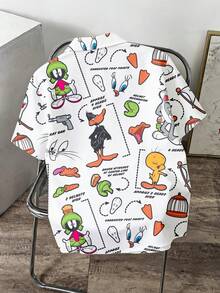 LOONEY TUNES X SHEIN Manfinity Joysei 男士全印花休閒百搭日常短袖襯衫 - 白色 - 查看 2