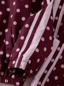 SHEIN Elladie kids 2件組女童春秋新款防風布料酒紅波點休閒時尚蝴蝶結緞帶裝飾立領前開拉鍊上衣與休閒長褲可愛甜美套裝 - 酒紅色 - 查看 6