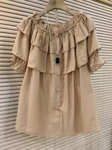 Franclia Blus Ruffle Warna Polos Kasual Musim Panas untuk Wanita - Khaki - View 4