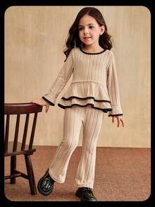 SHEIN 2pcs/Set Young Girl Ruffle Trim Round Neck Bell Sleeve Ribbed Hem T-Shirt And Bell Bottom Pants, Sports Fashion Style Suitable For School And Sports - Apricot - View 7
