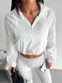 Dewbera Dewbera Solid Color Drawstring Hem Cropped Hooded Sweatshirt - White - View 3