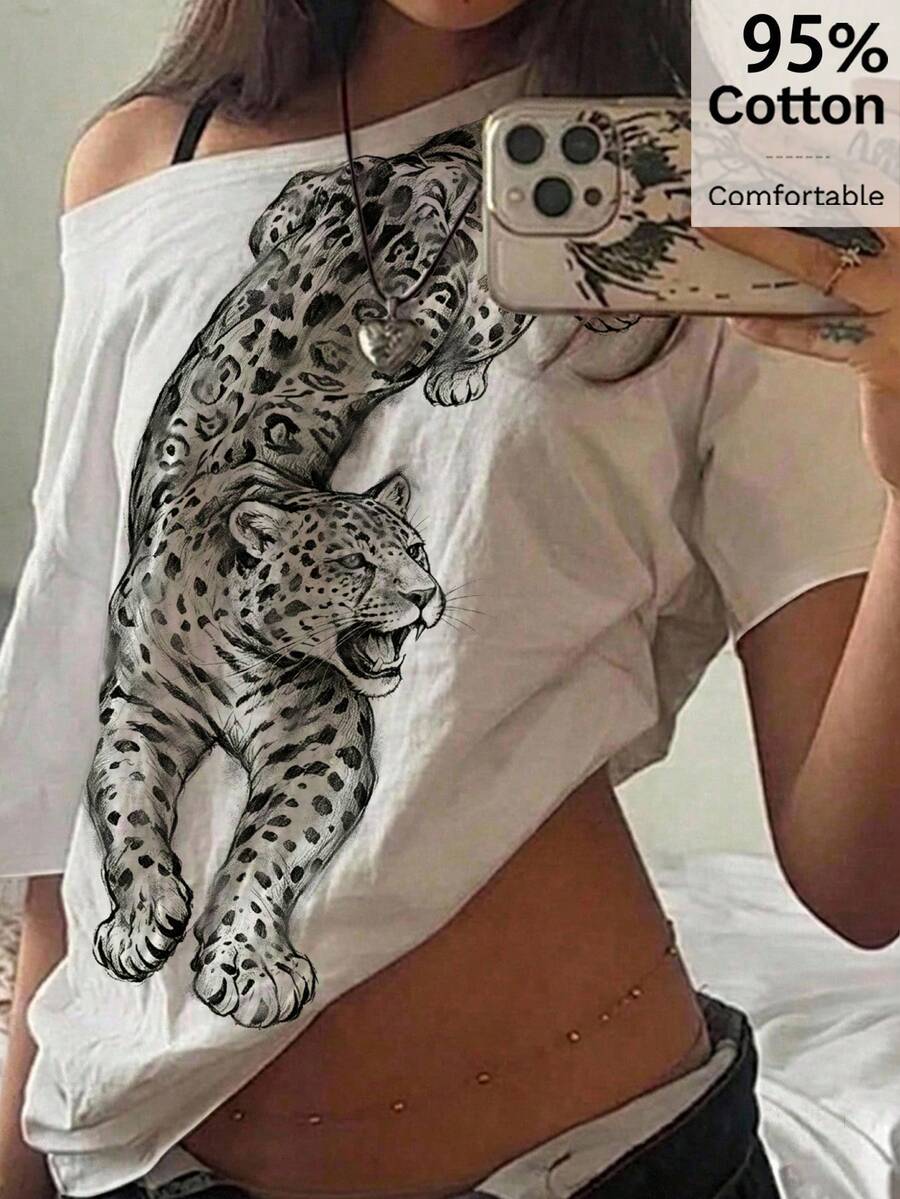 SHEIN EZwear 休閒極簡印花圖案不對稱肩落肩短袖寬鬆女款T恤 - 白色 - 查看 1
